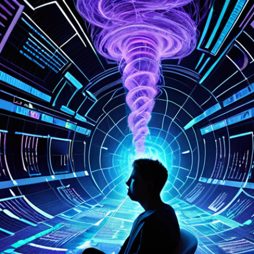 **Prompt 1 (Information Overload):** A person sitting amidst a chaotic vortex of digital information. Screens, glowing notification icons, fragmented news headlines, social media feeds, and data streams swirl around them, creating a sense of overwhelming bombardment and cognitive fatigue. The person's expression should convey stress or deep contemplation, almost lost in the digital noise. The atmosphere is vibrant, almost suffocating, with a mix of blue and purple digital light. High detail, hyperrealistic, illustrating the modern struggle with information overload.
