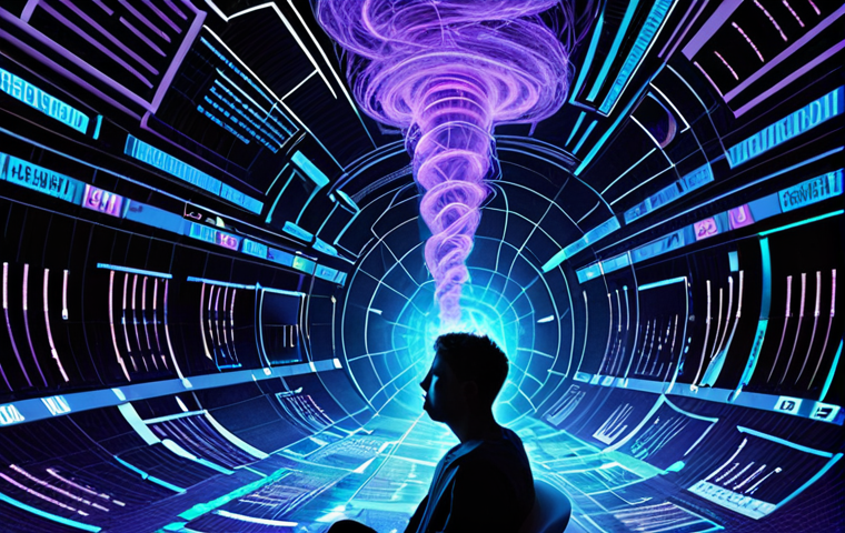 **Prompt 1 (Information Overload):** A person sitting amidst a chaotic vortex of digital information. Screens, glowing notification icons, fragmented news headlines, social media feeds, and data streams swirl around them, creating a sense of overwhelming bombardment and cognitive fatigue. The person's expression should convey stress or deep contemplation, almost lost in the digital noise. The atmosphere is vibrant, almost suffocating, with a mix of blue and purple digital light. High detail, hyperrealistic, illustrating the modern struggle with information overload.