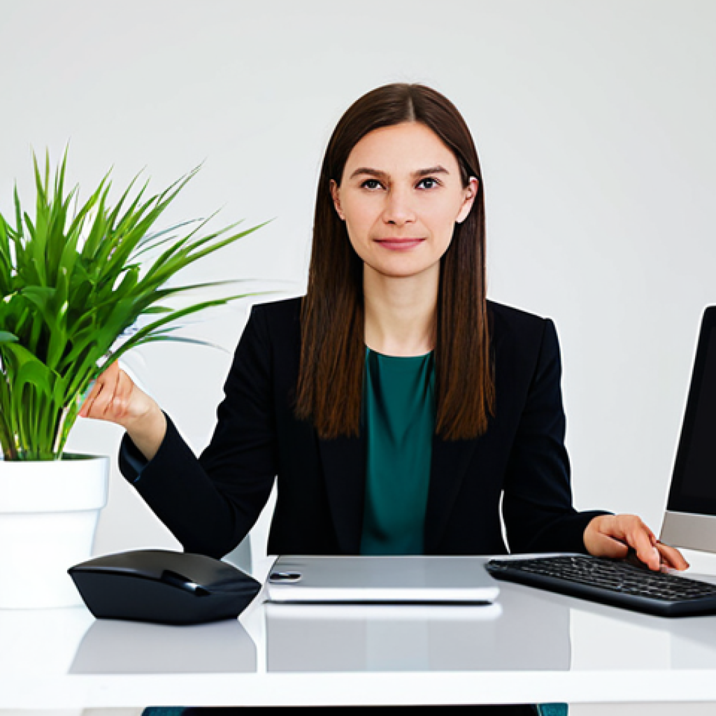 A focused professional, fully clothed in a modest business casual outfit, sitting calmly at a modern desk. The background features a subtle blur of digital devices like a laptop and smartphone, suggesting the digital age, yet the subject's expression is serene and concentrated on a single task. A small, green plant adds a touch of natural peace to the minimalist, brightly lit home office. Professional photography, high resolution, soft ambient lighting, clean composition, perfect anatomy, correct proportions, natural pose, well-formed hands, proper finger count, natural body proportions, safe for work, appropriate content, fully clothed, professional dress, family-friendly.