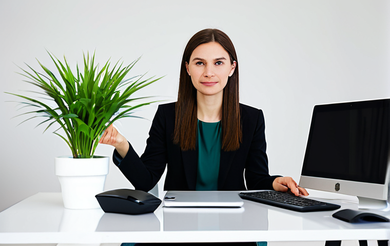 A focused professional, fully clothed in a modest business casual outfit, sitting calmly at a modern desk. The background features a subtle blur of digital devices like a laptop and smartphone, suggesting the digital age, yet the subject's expression is serene and concentrated on a single task. A small, green plant adds a touch of natural peace to the minimalist, brightly lit home office. Professional photography, high resolution, soft ambient lighting, clean composition, perfect anatomy, correct proportions, natural pose, well-formed hands, proper finger count, natural body proportions, safe for work, appropriate content, fully clothed, professional dress, family-friendly.