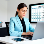 인지적 자원 관리의 플랫폼과 도구 - A woman in professional attire, fully clothed in a modest business suit, time blocking on a digital ...