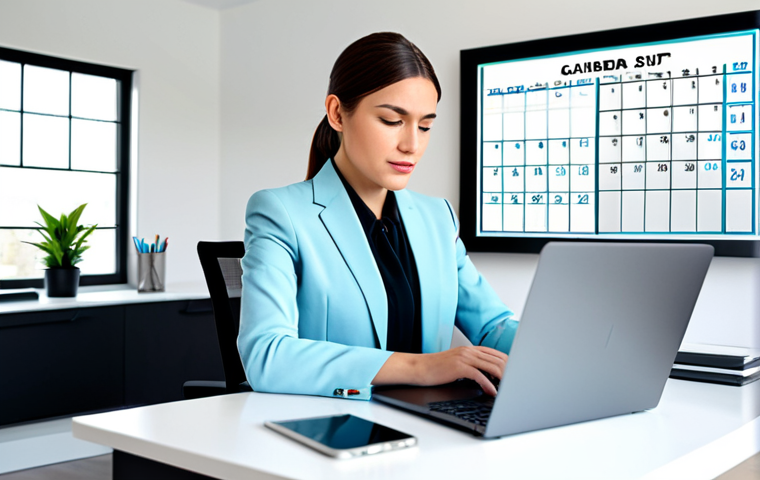 인지적 자원 관리의 플랫폼과 도구 - A woman in professional attire, fully clothed in a modest business suit, time blocking on a digital ...