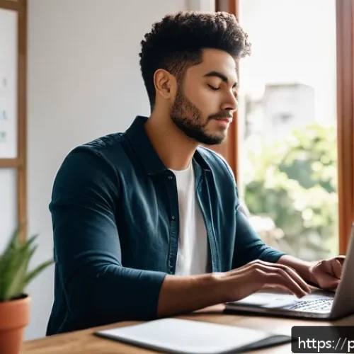 효율적인 의사결정을 위한 인지적 자원 관리 - A modern, well-lit home office with a clean, organized desk featuring a laptop, a smartphone showing...