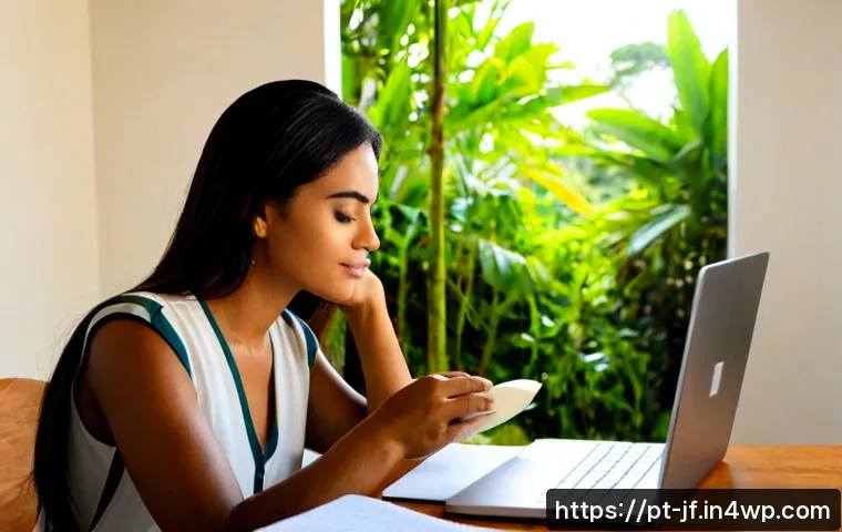 Home 17 업무 스트레스 관리와 인지적 자원 - Photorealistic Brazilian office professional in a calm home workspace, pausing from a laptop to prac...